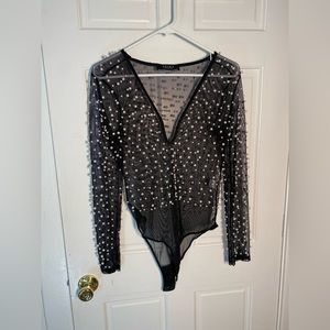 Akira black mesh with white pearl long sleeve body suit size M